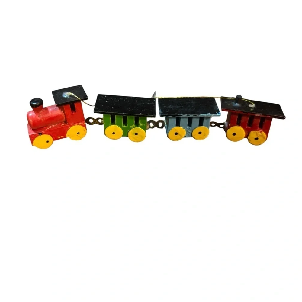 vintage painted wooden train christmas ornament Hand Painted 5” Taiwan